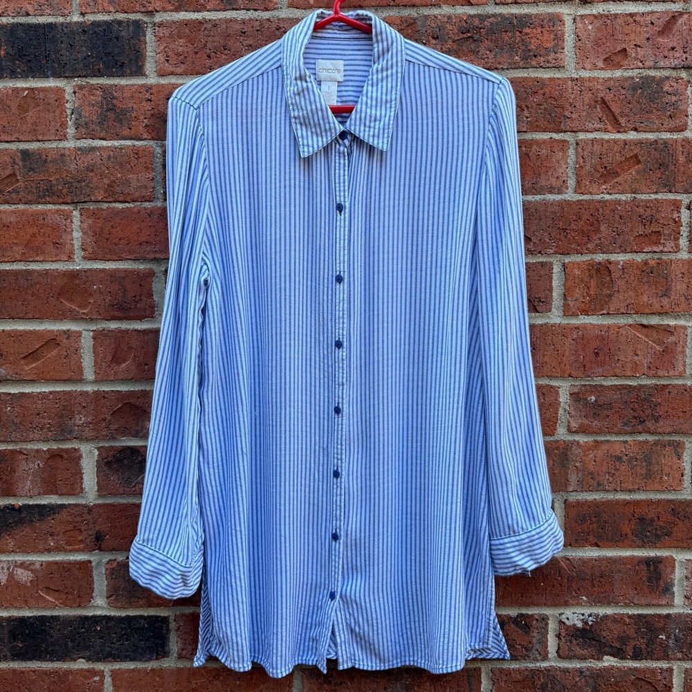 Chico's Long Sleeve Blue and White Shirt